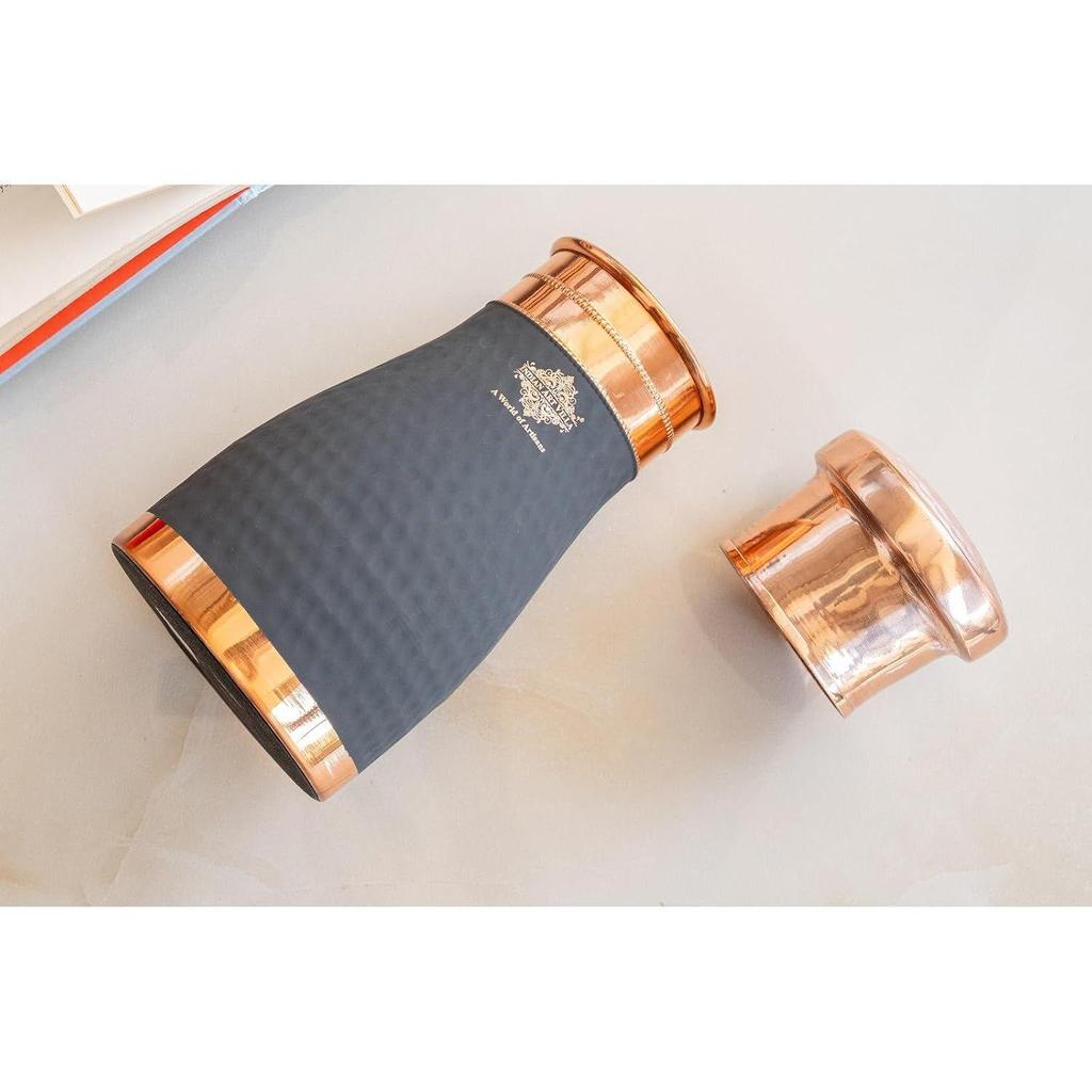 Pure Copper Bedroom Bottle with Inbuilt Glass, Grey Silk Finish Hammered Design - Drinkware & Storage Purpose, Volume 900 Ml (Pack of 1)