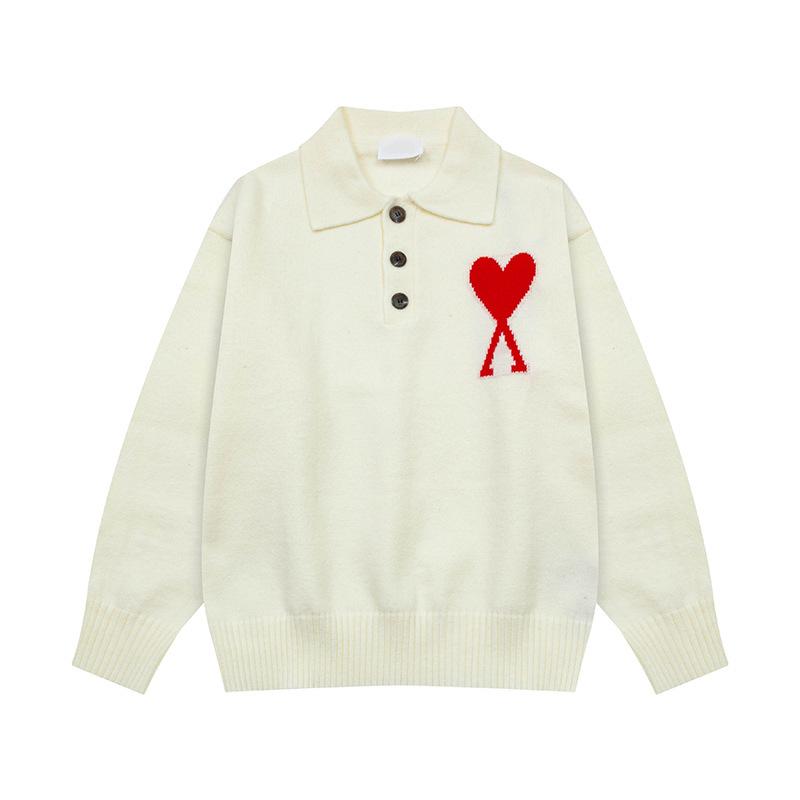 Unisex Big Heart Jacquard Knit Polo Sweater - Soft, Loose Long Sleeve