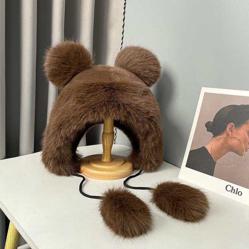 Милая плюшевая шапка с медвежьими ушками, женская зимняя, для защиты от холода при езде на велосипеде, утолщенная, теплая, закрывающая лицо, шапка с маленькими ушками