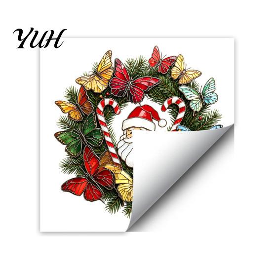 Creative Window Stickers for Home Christmas Wreath Sticker, Stained Glass Style, Removable Santa Butterfly Candy Cane Party Decor Decal, PVC