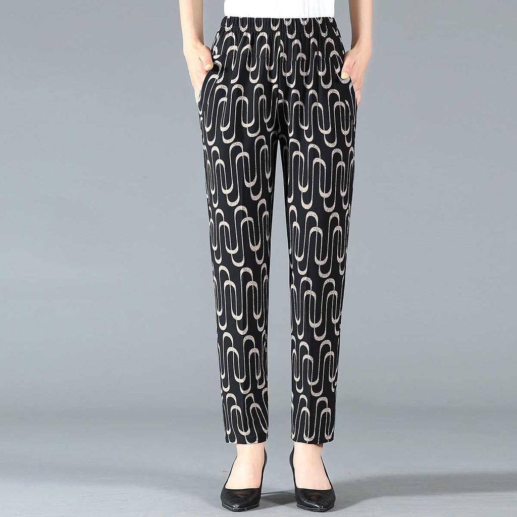 Summer Middle-aged and Elderly Women's Cropped Pants High Waist Elastic Oversized Pants Middle-aged Women's Floral Pants
