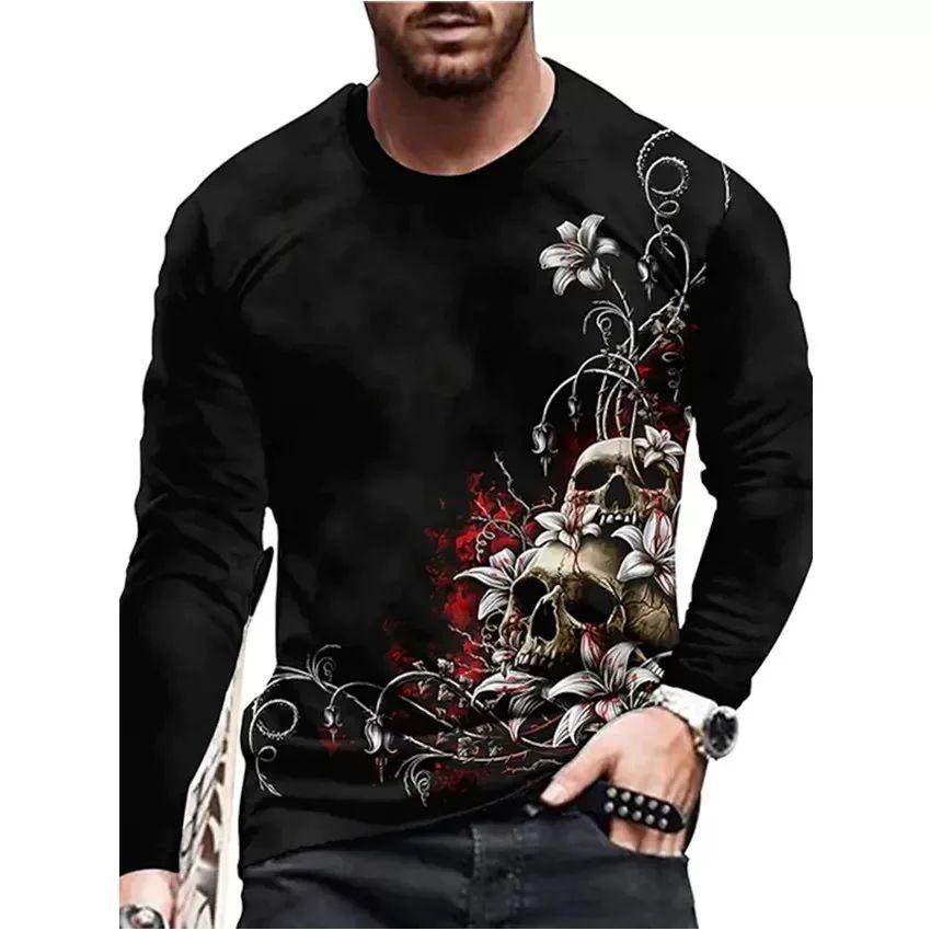 Spring and Autumn Horror Skull Pattern 3d Printed O-Collar Long Sleeve Loose Vintage Printed Men's T-shirts