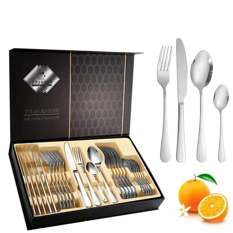 24Pcs Stainless Steel Dinnerware Cutlery Gift Box Set Knife Fork Spoon Specular Light Tableware Flatware Set Kitchen Accessories