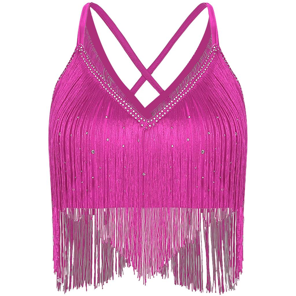 Womens Salsa Dance Top Latin Performance Wear V Neck Sleeveless Crop Top Crisscross Back Fringe Detail
