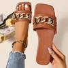 Мода Мода Женские тапочки Квадратный носок Цепочка Тапочки 2025 Новые Плоские Пляжные сандалии Металлическая отделка Повседневная обувь Домашние шлепанцы Женские