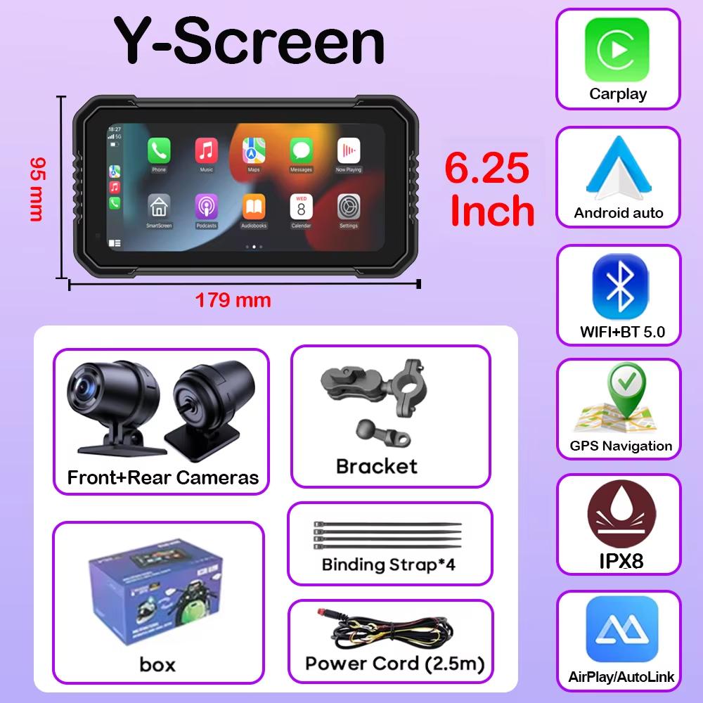 6,25-дюймовый навигационный экран для мотоцикла, беспроводной CarPlay, Android Auto, мотоциклетный GPS, мотоциклетный двойной DVR-монитор, усилитель, TPMS (опционально)