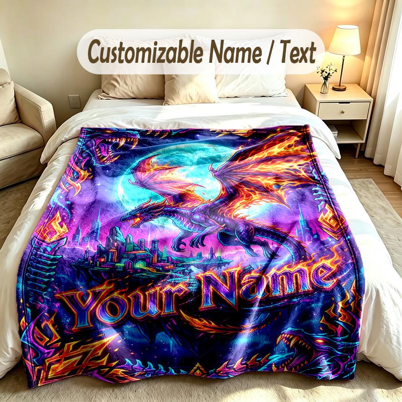 Dragon Phoenix Theme Soft Blanket Personalized Custom Name Text Print Warm Blanket Home Sofa Bedroom Decor