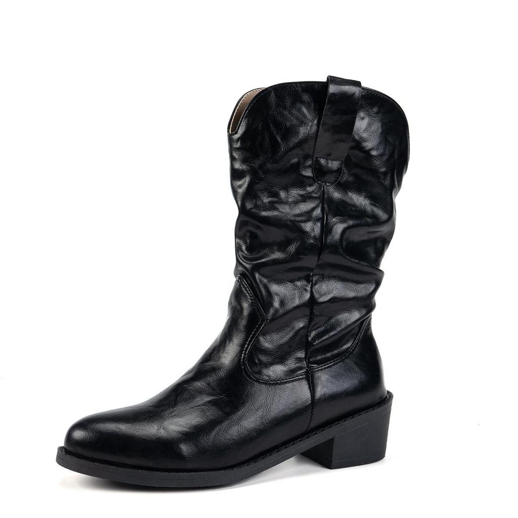 Осень-зима Большие размеры женские ПУ грубые каблуки Мартин сапоги средние удобные теплые остроносые рыцарские сапоги в стиле вестерн обувь 35-42