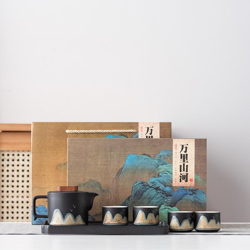 Расписанный вручную чайник с подъемной ручкой в виде далекой горы, чайный сервиз кунг-фу, чайная чашка, чайный поднос, подарочная коробка в твердом переплете, высококлассный бизнес-сувенир