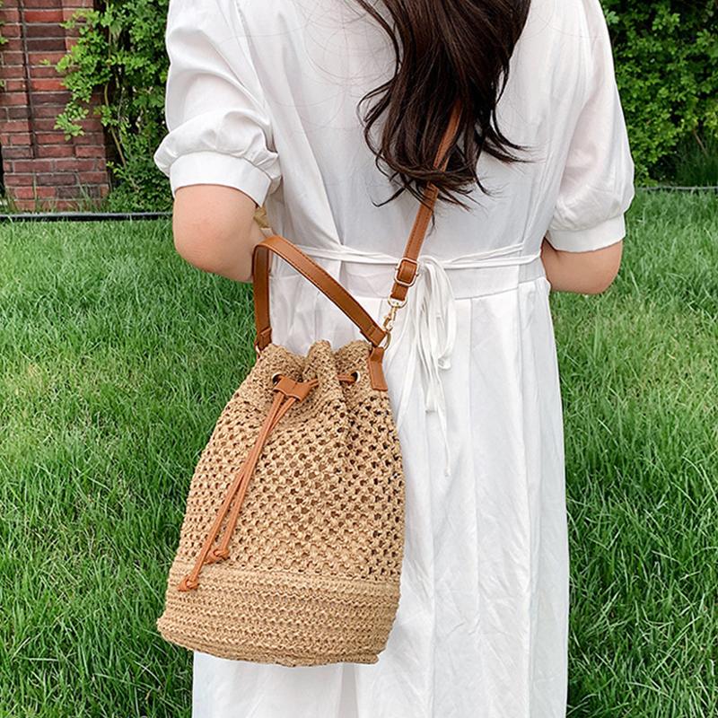 Летняя плетеная соломенная сумка-ведро для женщин Простая пляжная сумка через плечо на шнурке