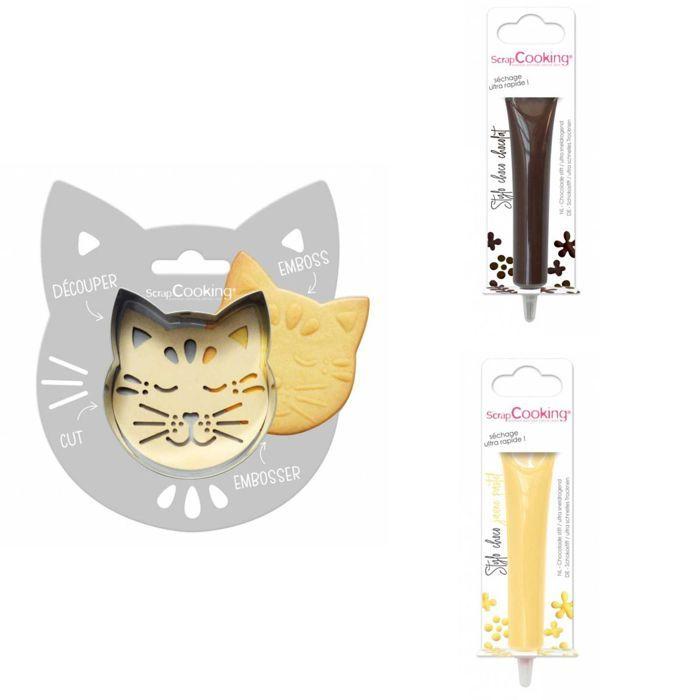 Cat Embossed Cookie Kit + 2 Brown and Pastel Yellow Chocolate Pens