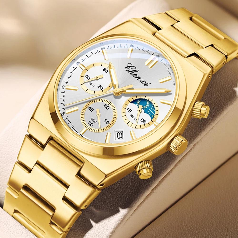 Модные часы-хронограф для мужчин, роскошные водонепроницаемые светящиеся часы с датой, золотые кварцевые мужские наручные часы Reloj Hombre