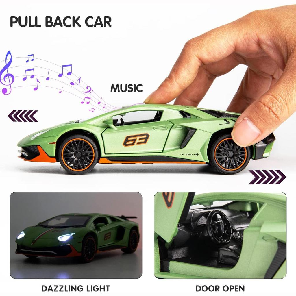 1:32 Scale Lambo LP780 Model Car, Zinc Alloy Pull Back Toy Car with Sound and Light for Kids Boy Girl