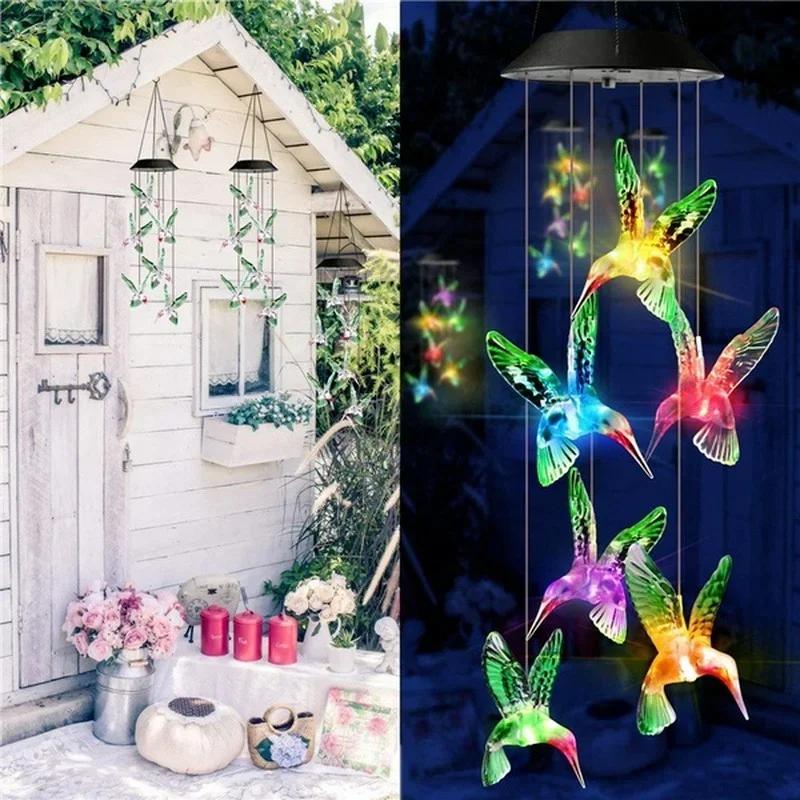 New LED Solar Wind Chime Crystal Ball Hummingbird Wind Chime Light Color Changing Waterproof Hanging Solar Light For Home Garden