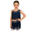 Girls Tassel Latin Dance Dress Asymmetrical Fringe Shiny Rhinestones Cutout Stage Performance Costume