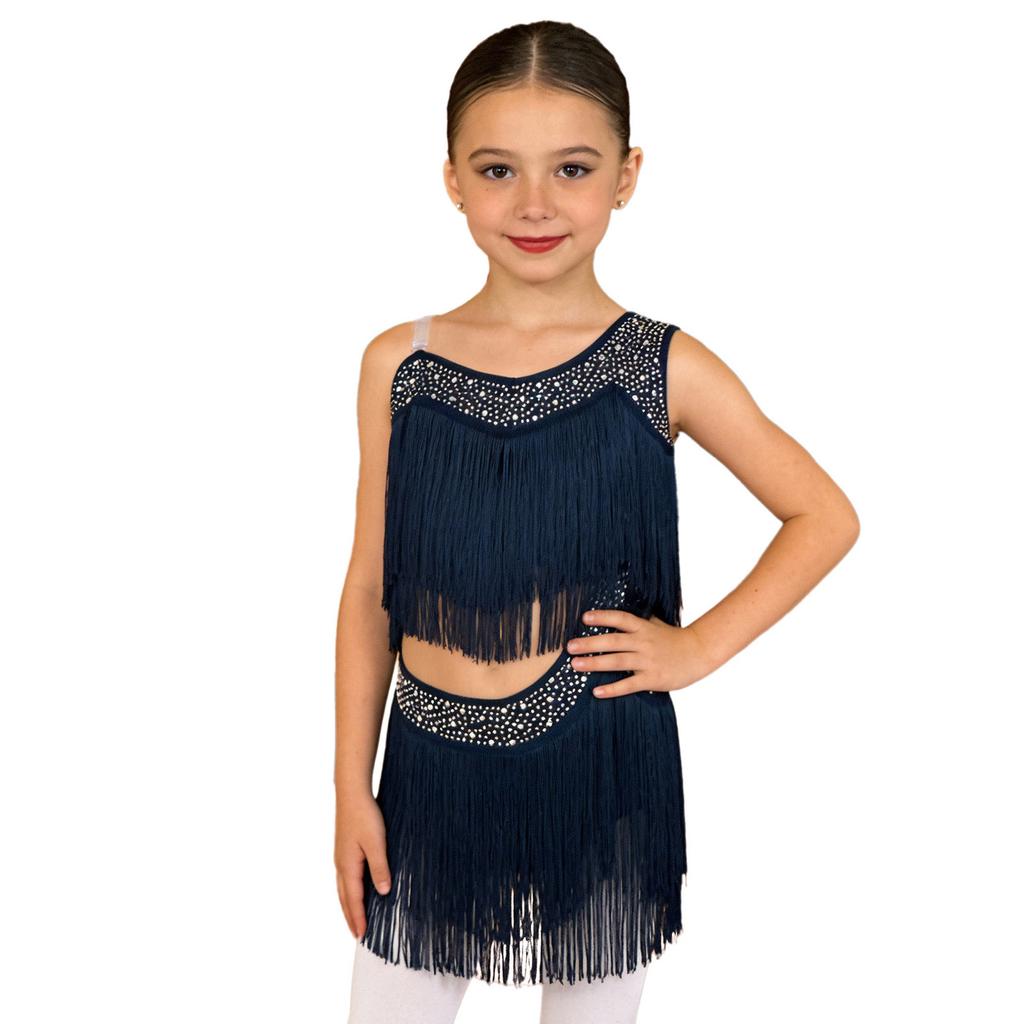 Girls Tassel Latin Dance Dress Asymmetrical Fringe Shiny Rhinestones Cutout Stage Performance Costume