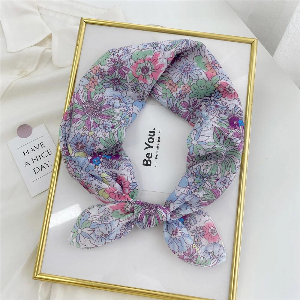 Floral Print Neckerchief Small Hijab Scarfs Women Fashion Handkerchief Neck Scarf Shawls Cotton Blends Korean Hair Scarves 58CM