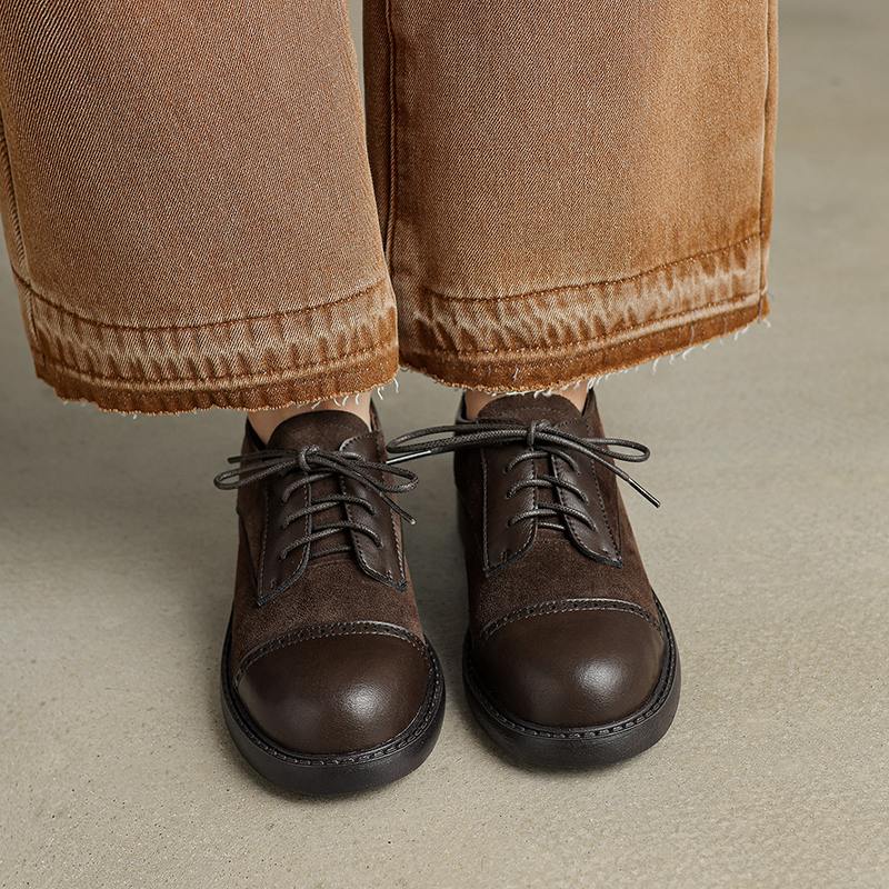 Krazing Pot Cow Skin Nubuck Spring Summer Size 40 Loafers Thick Med Heels Lace Up Women Round Toe Leisure Pumps