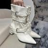 European and American Fashion Pointed Thick-heeled Trouser Boots Women's 2025 New Big-looking White Boots Pleated High-heeled Short Boots