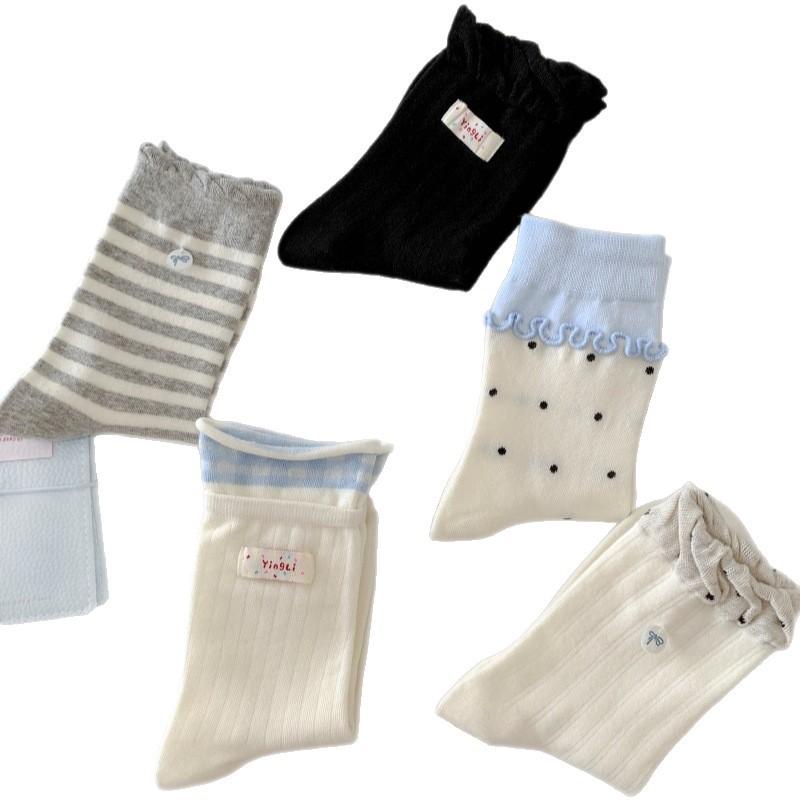 Радужные тканевые этикетки, ракушка, бант, носки в горошек для женщин, серые и синие полосатые, черные носки до середины икры с отделкой ушками