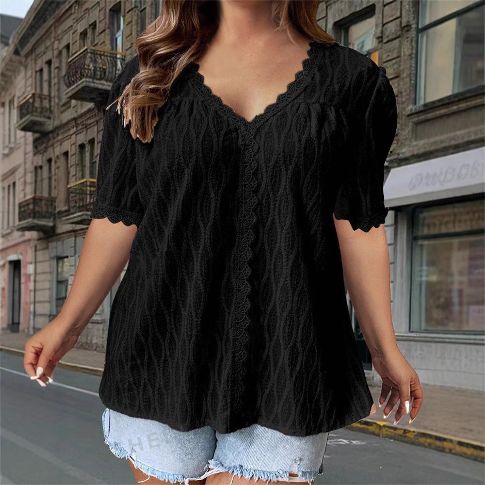 Женская летняя футболка с коротким рукавом, кружевной отделкой, модная и элегантная