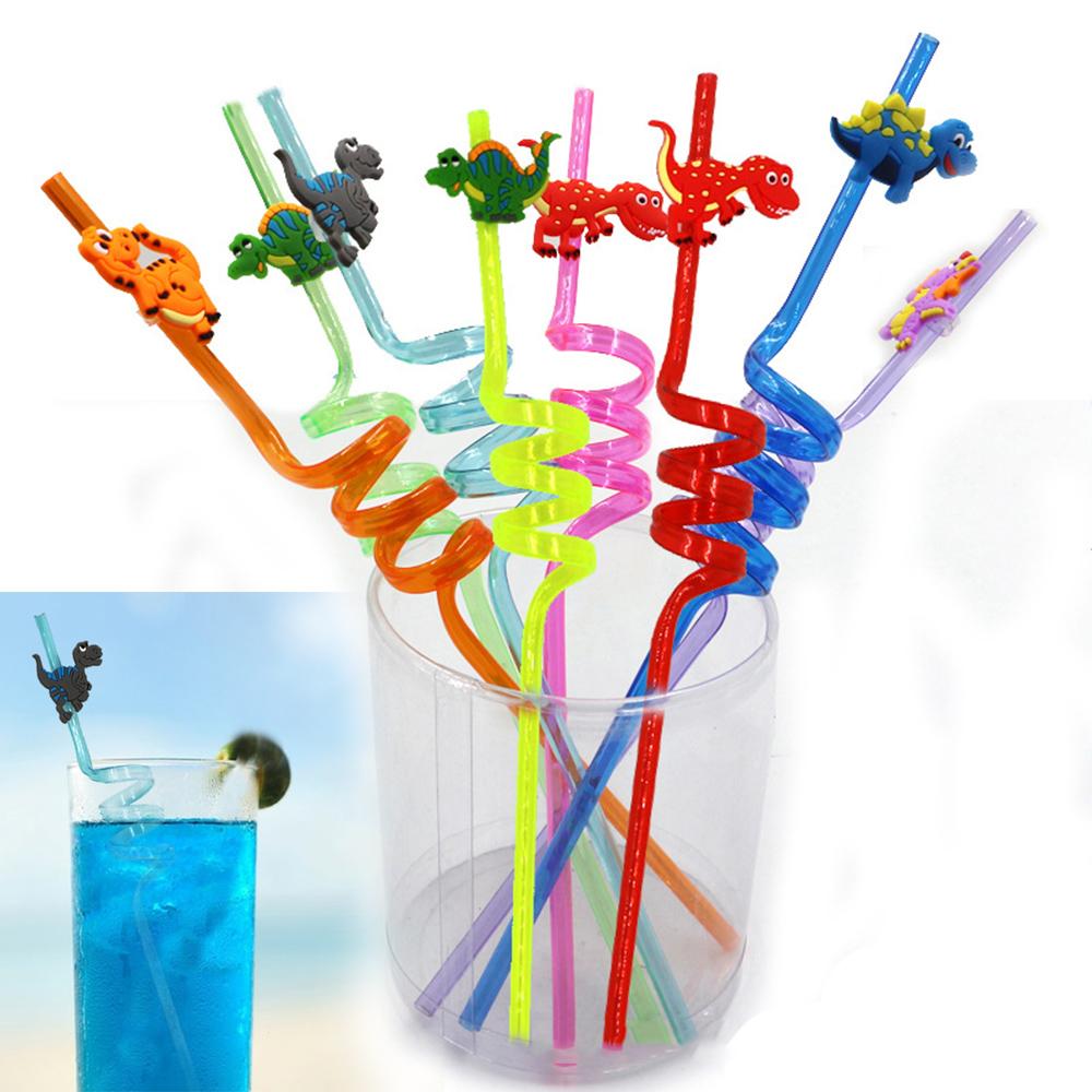 Drinking Decor Temporaty Straw Straws-Plastic Dinosaur Reusable Straws Dino Theme Cartoon Pattern