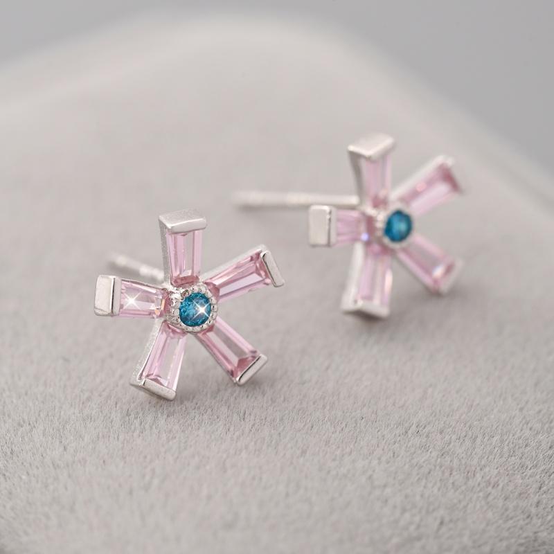 Real 925 Sterling Silver Sweet Pink Flowers Stud Earrings For Women Pave Setting CZ Fine Jewelry Gift