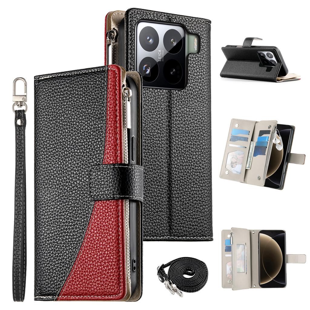 For Xiaomi 15 Pro Case Zipper Wallet Color Splicing Leather Flip Phone Cover with Straps