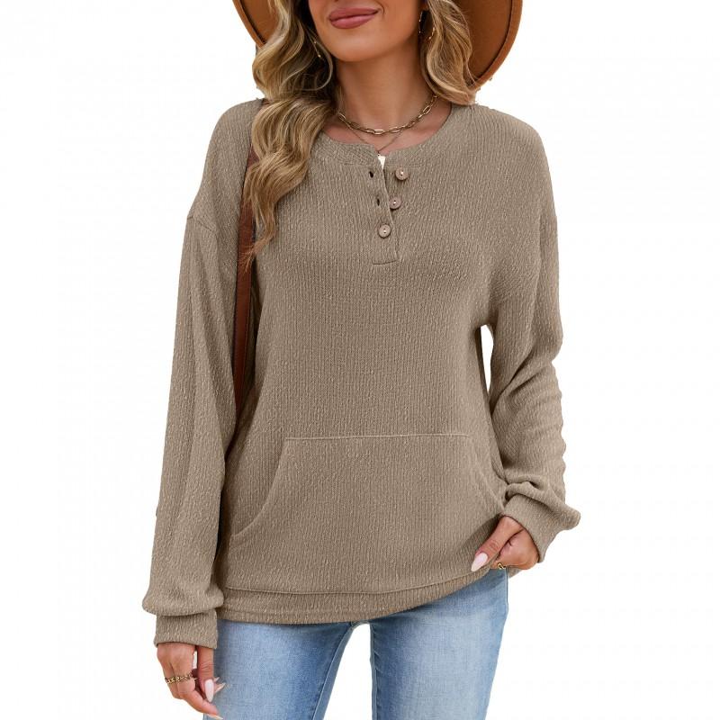 Womens Oversized Long Sleeve Pullover Sweatshirt With Front Pocket Solid Color Button Neck Cotton Blend Casual Chic