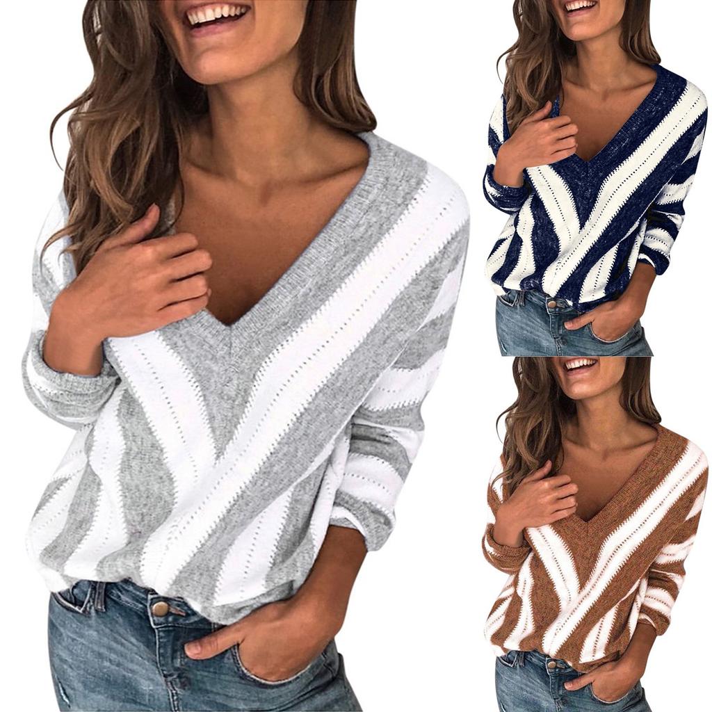 Женские легкие свободные повседневные свитера с v-образным вырезом и длинными рукавами, пуловеры в полоску, джемперы, топы