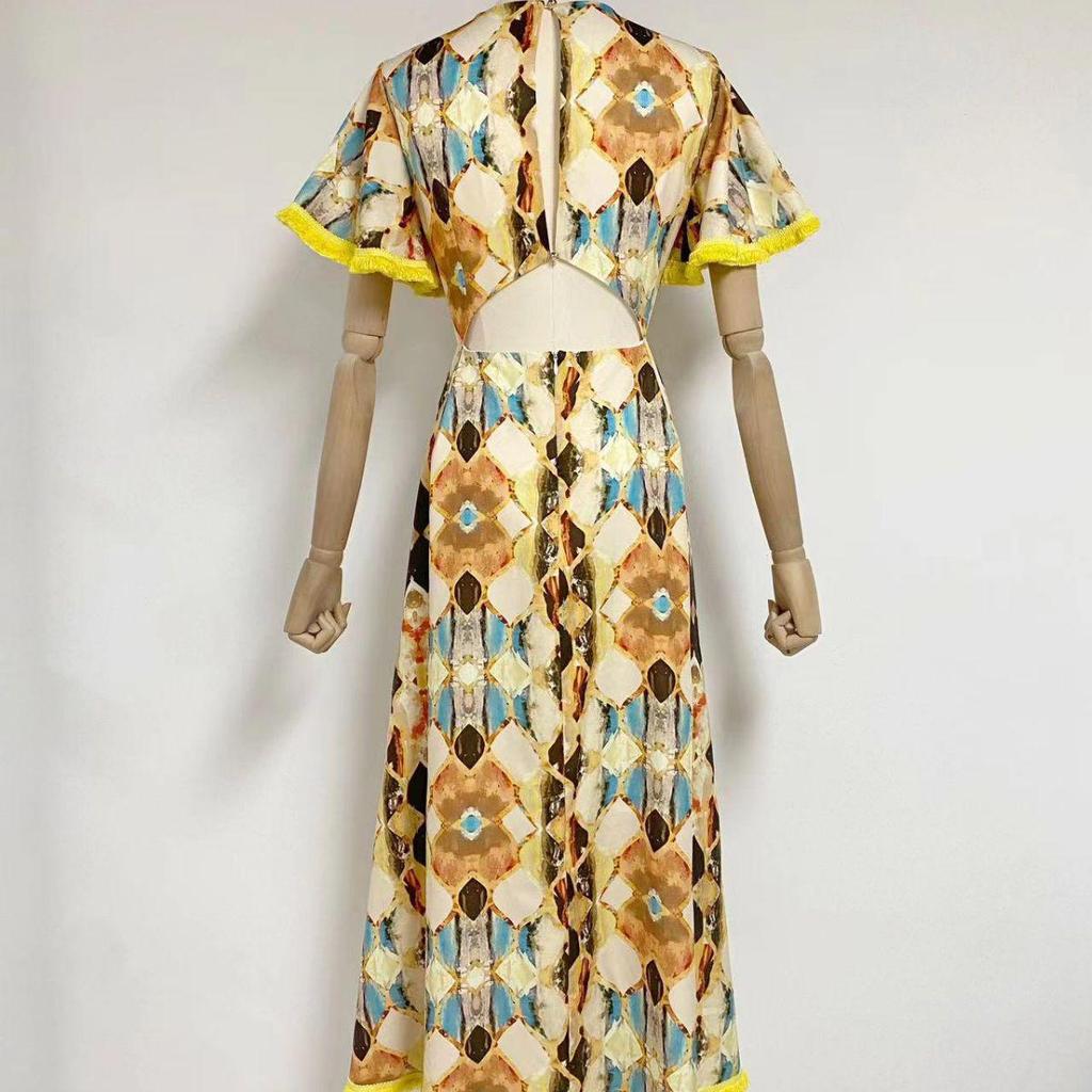 Женское длинное платье с V-образным вырезом, кисточками и открытой спиной, со шнуровкой на талии, осень 2023 г.