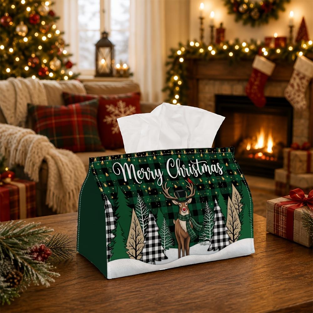 1pc Rustic Woodland Holiday Tissue Box - Reindeer Pine Tree Typography Napkin Storage Box, Suitable for Rolls/Facial Tissues, Multi-Functional Storage