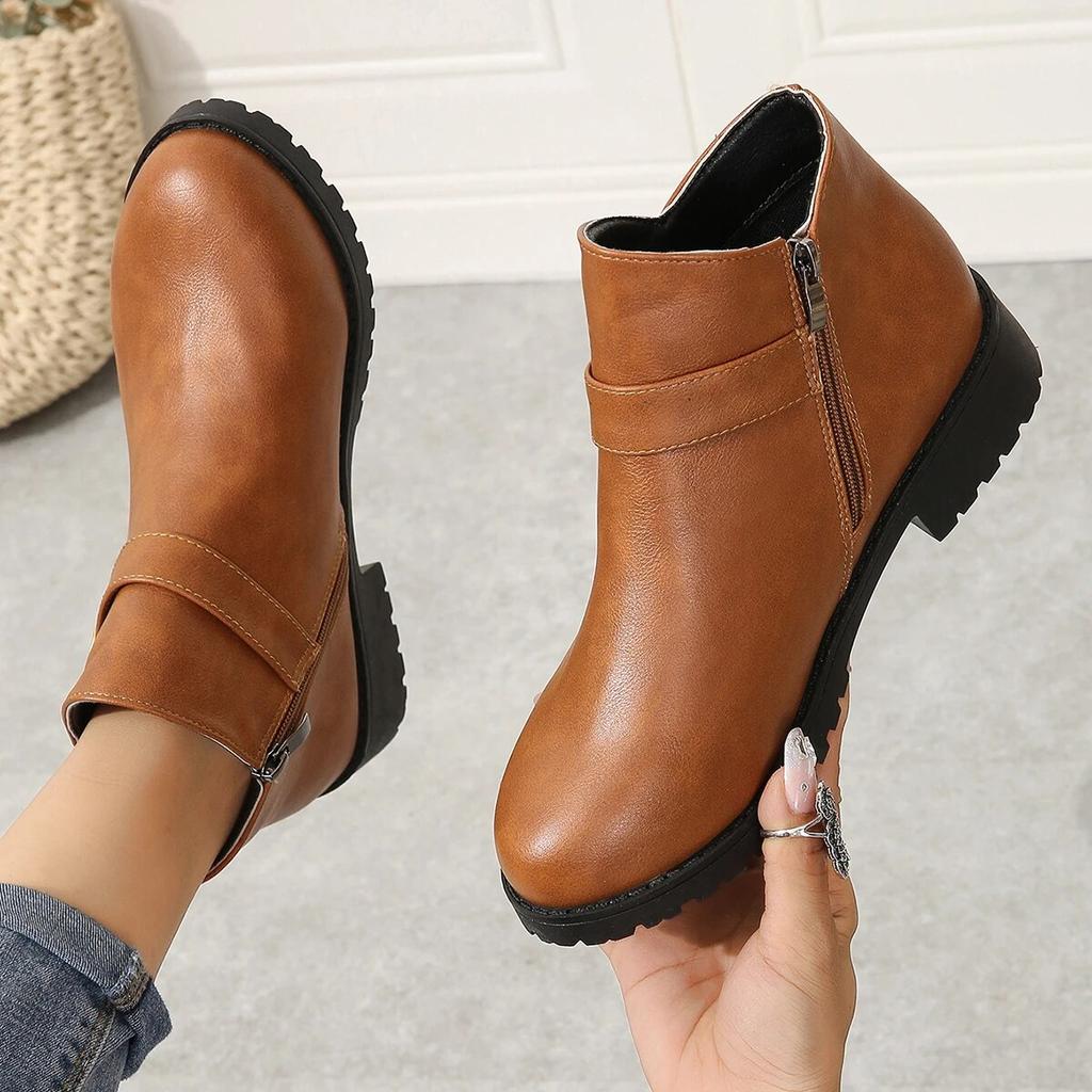 Large Size Solid Color Belt Buckle Decorative Side Zipper Short Square Heel Fashion Leather Boots