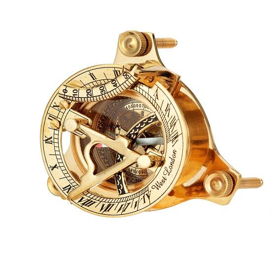 Brass Sundial Compass with Wood Box, Sun Clock, Best Gift For Him 7.62 Cm