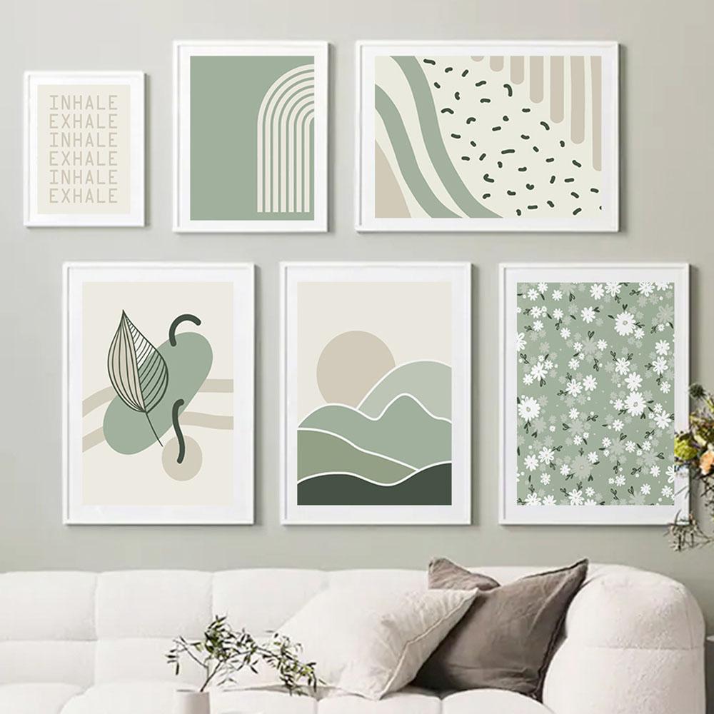Sage Green Inhale Exhale Abstract Boho Wall Art Холст Картина Скандинавские постеры и принты Настенные картины для декора гостиной