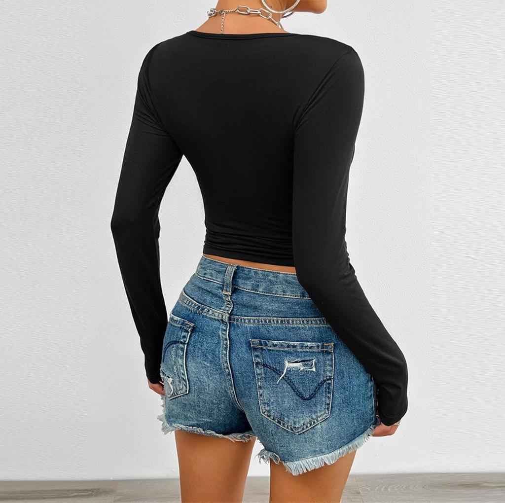 Women's Sexy Summer Scoop Neck Long Sleeve T-Shirts Button Down Slim Fitted Casual Basic Top