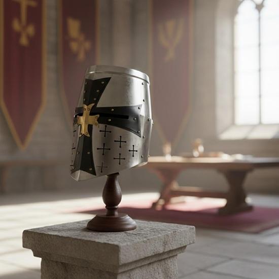 Medieval Templar Crusader Helmet, Silver Steel Knight Helmet with Brass Cross for Cosplay Collection