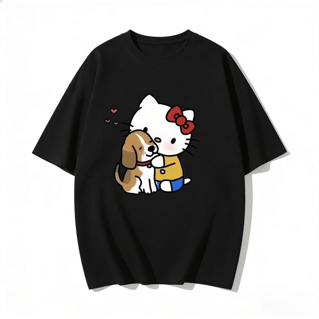 2026 Summer Hello Kitty Cartoon Printed Short Sleeve Pure Cotton Tshirts Womens Family Matching Outfits Versatile Y2k Tops Tee