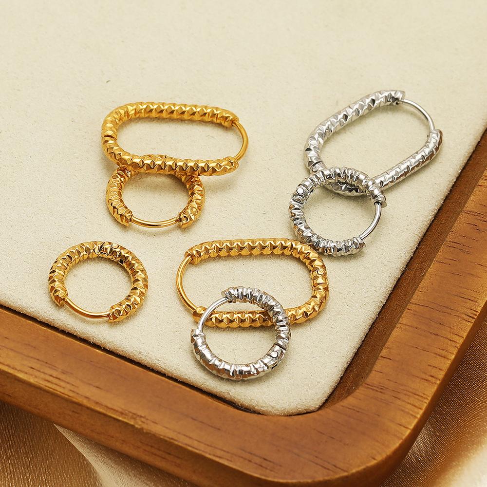 1 Pair Stainless Steel Round Oval Embossing Ear Rings Korean Earrings Hoops Earring for Women Female Girls Metal Luxury Jewelry