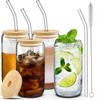 4 Pieces Glass Cups with Lids,Straws and Brush,16 Oz Drinking Cup Set with Bamboo Lids and Straws for Iced Coffee