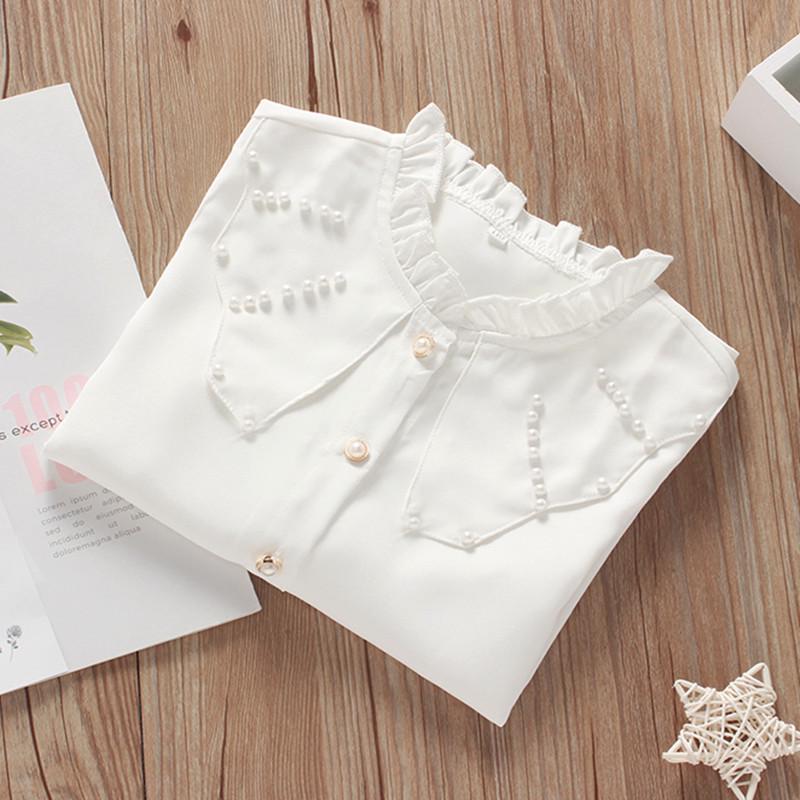 2022 Белая кружевная рубашка с длинным рукавом для девочек - Повседневная весенняя одежда для малышей и школьниц