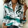 Women Satin Art Graffiti Musical Note Score Print Shirt Long Sleeve Lapel Button‑Down Blouse Elegant Music Theme Casual Ladies Multi‑Color Top