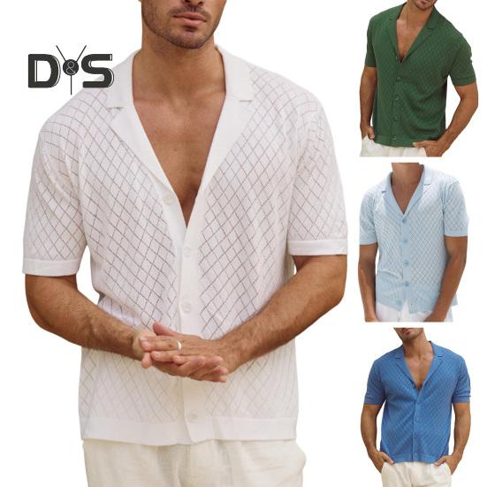 Мужская жаккардовая трикотажная рубашка с коротким рукавом, застегивающаяся на пуговицы, с кубинским воротником, узором в виде ромба, повседневная рубашка для повседневной носки, вечеринок, путешествий