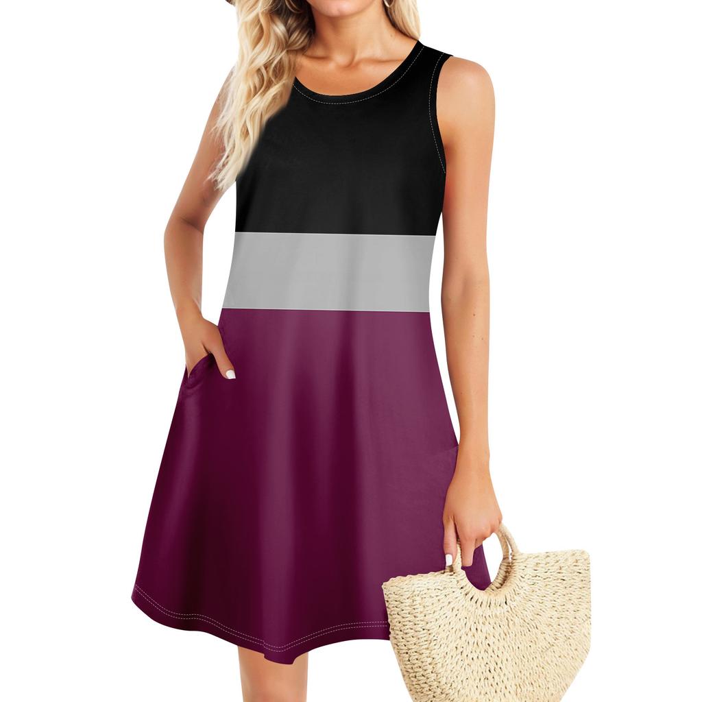 Summer Dresses For Women Beach Boho Sleeveless Vintage Printing Flowy Pocket Tshirt Tank Sundresses