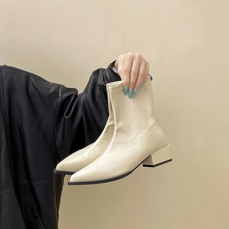 Весенне-осенняя мода Женские короткие ботильоны с острым носком и толстым каблуком Обувь Botas De Mujer