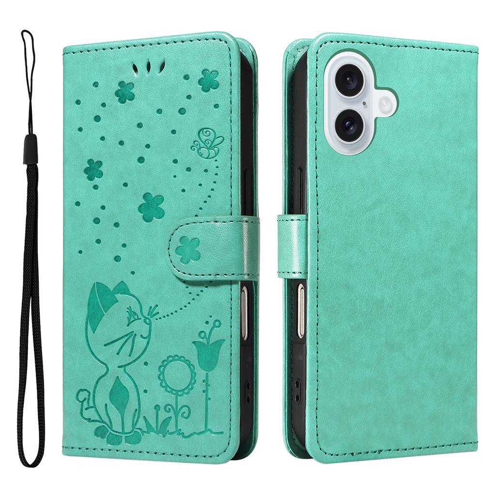 For iPhone 17 Leather Wallet Case Cat Bee Pattern Phone Cover Stand