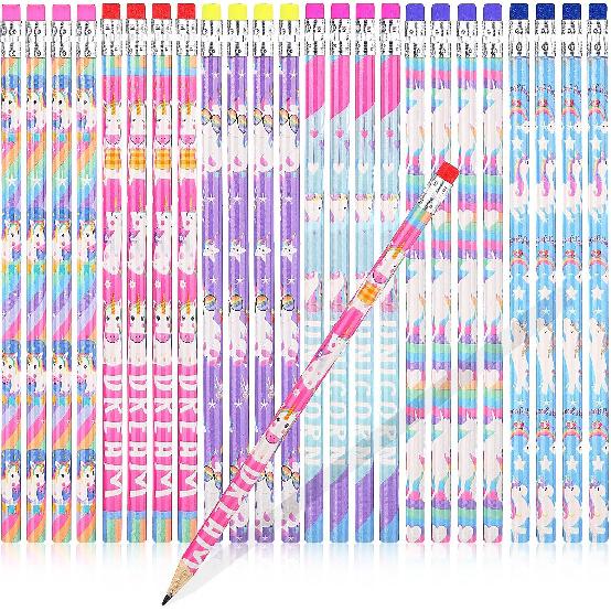 Rainbow HB Unicorns Pencils - Erasable Graphite Pencils with Erasers for Kids, Unicorn Party Favors (36 Pack)
