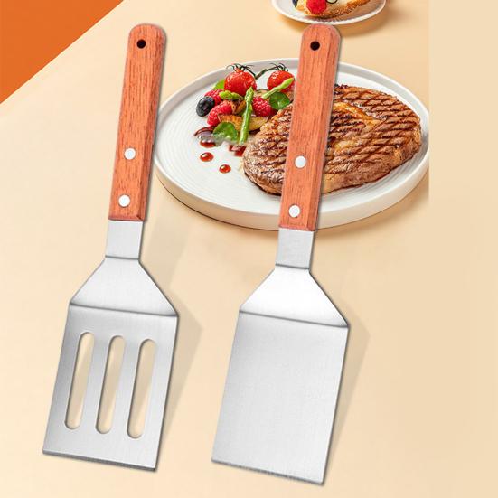 Stainless Steel Frying Spatula Set with Wooden Handle Heat Resistant Solid Turner