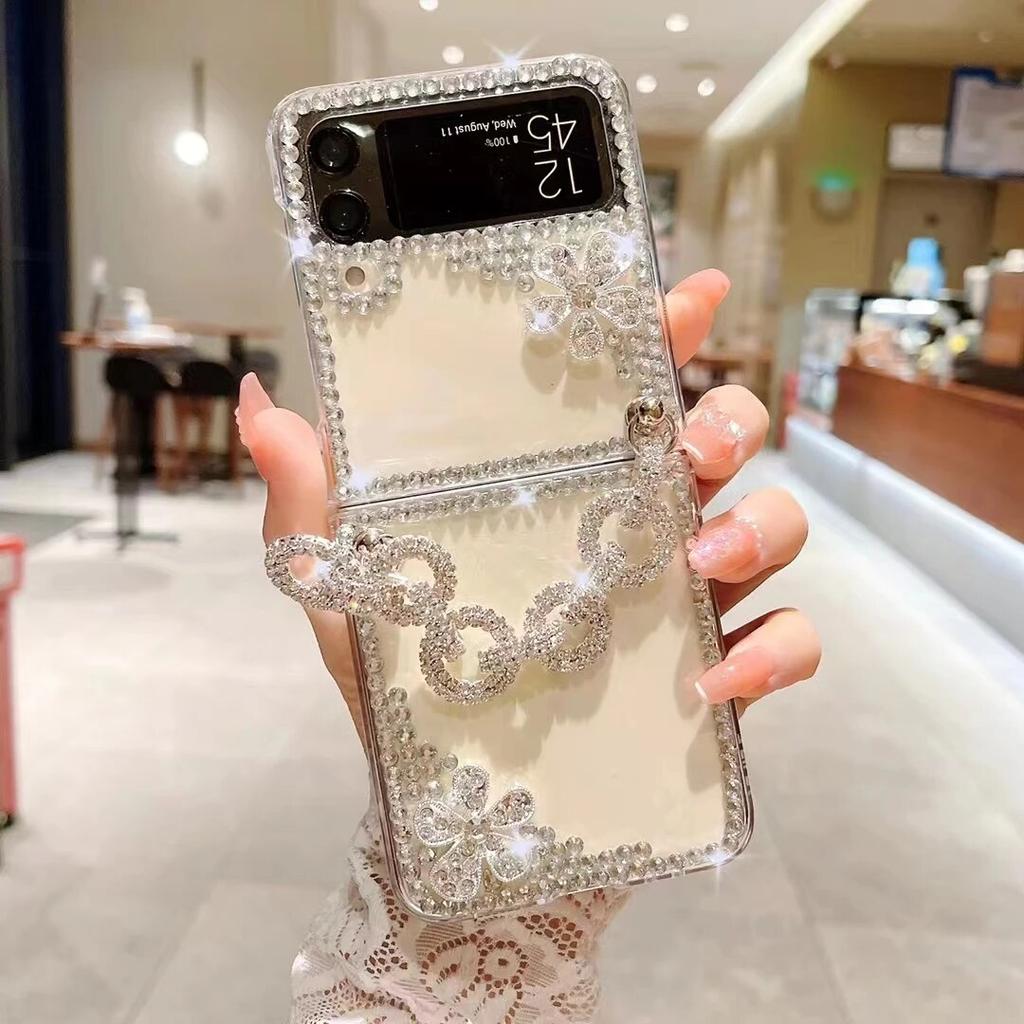 Crystal Diamond Case for Samsung Galaxy Z Flip 5 4 3 5G Rhinestones Pearl Crown Heart Wrist Shockproof Protection Cover