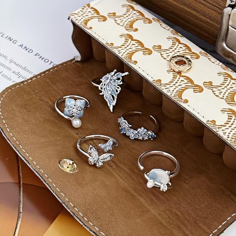 Mori Enamel Blue And White Petals Zircon Butterfly Opening Ring Light Luxury Foreign Temperament Niche High Sense Ring Woman